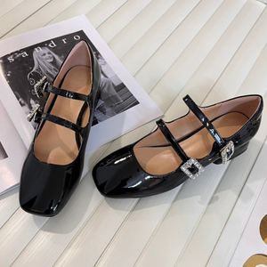 Luxury Woman Designer Dress Shoes Square Toes Chunky Heel Sandal Patent Leather High Heels 4.5 And 8cm Rhinestone Ankle Adjustable Double Buckle Designer Black Shoes