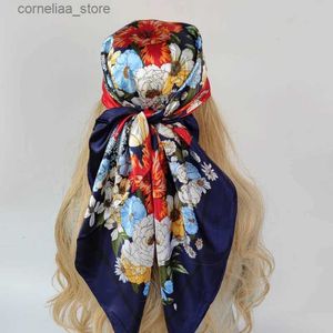 Bandanas Durag Bandanas Durag New Silk Scarf Women Big Square Scarf 90cm 유화 인쇄 해바라기 맞춤형 새틴 스카프 Y240325