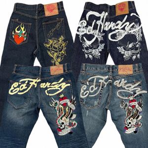 printed street jeans men's Y2K hip-hop high-waisted straight loose wide-leg pants denim trousers European and American 635E#