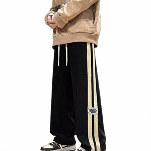 straight Leg Men Pants Men Casual Pants Retro Wide Leg Men's Sweatpants with Drawstring Elastic Waist Striped for Breathable A6Mf#