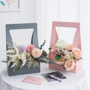 Gift Wrap 1PC Double Sided Waterproof Kraft Paper Portable Flower Basket Bouquet Handle Carton Creative Holiday Wrapping Box