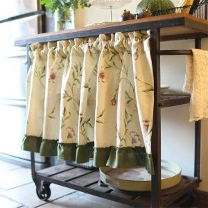 Cortinas meia cortina com estampa floral, cortina curta para janela de cozinha, capa de linho para armário de café, decoração rústica à prova de poeira