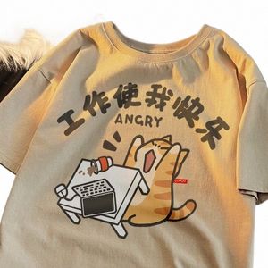 トレンディストリートトレンドのキャットプリント男性と女性ビンテージのパージェイズグラフィックTシャツアカデミースタイルルーズラウンドネック短袖P4KN＃