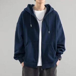 Spring and Autumn Mens Solid Color Cardigan Hoodies Sweatshirt Casual Loose Male Hooded Clothes Outerwear Top 240312