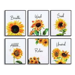 Calligraphy 6 Pieces Sunflower Bathroom Decor Relax Soak Unwind Wall Painting Art Women Girls College Living Room Bathroom Nursery