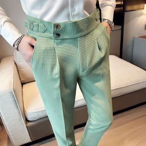Calça coreana de terno de waffle para homens magros casuais calças de negócios primavera no escritório do verão calças sociais roupas de rua masculinas roupas