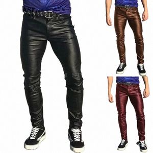 punk Casual Pu Leather Pants Solid Color Men'S Clothing Tight Elastic Low Waist Boy Pants Trousers w549#