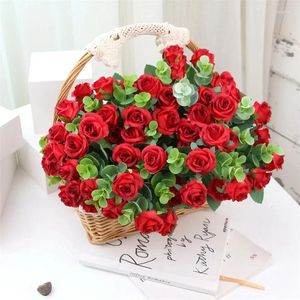 Flores decorativas artificial rosa buquê de seda eucalipto folhas flor falsa para casa sala mesa vaso natal festa de casamento decoração