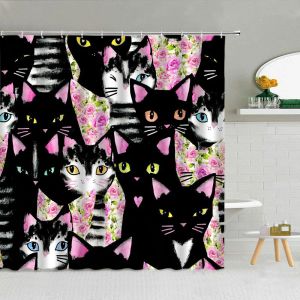 Cortinas de desenhos animados engraçado gato cortina de chuveiro criança banheira decoração do banheiro crianças banho divisória tela tecido à prova dwaterproof água com ganchos