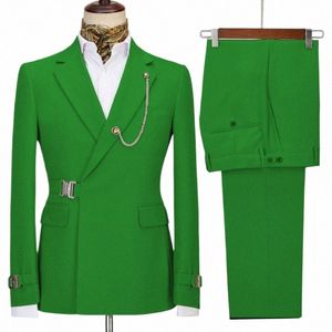 Grüner Gürtel Design Zweireiher Herrenanzüge 2 Stück Mantelhose Neuestes Design Hochzeitsanzüge Bräutigam Prom Smoking Blazer Set O27k #