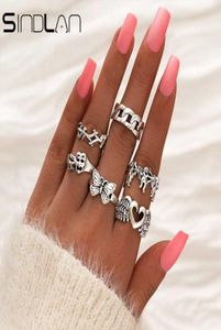 Sindlan 6st Gothic Silver Color Grimace Finger Ring Set for Women Charm Punk Heart Wing Butterfly Female Emo Jewelry Anillos Q0707477557