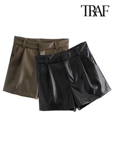 Traf Women Chic Fashion Side Pockets Faux Leather Shorts Vintage High midjextäckare Fly Kvinnliga byxor MUJER 240321
