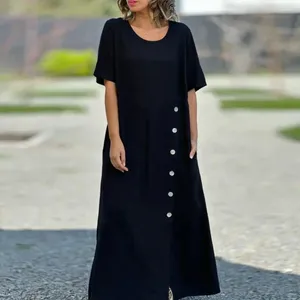Casual klänningar kvinnor sommarklänning o nacke knappdekor split lång fast färg kort hylsa lös ankel längd maxi för dagligen