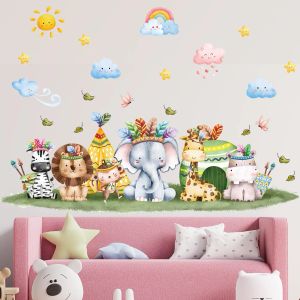 Stickers Indian Cartoon Animals Wall Sticker for Kids Rooms Boys Girls Room Bedroom Decor Large Forest Elephant Giraffe Lion Wallpaper