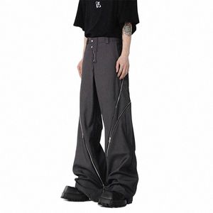 Houzhou Tasarım Fermuarı yarık erkekler pantolon teknoloji giyim düz tüp rahat siyah pantolon geniş bacak karanlık giyim erkek sokak kıyafeti hip hop 81fw#