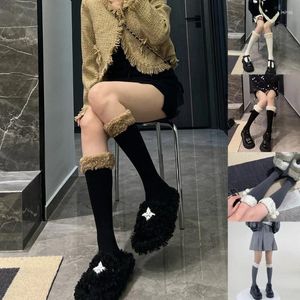 Women Socks Japanese Over Calf Long Faux Lamb Wool Furry Trim Patchwork Leg Warmer Stockings