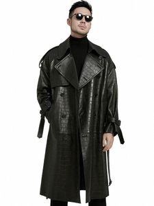 Mauroicardi Spring Autumn LG Black Crocodile Print Pu Leather Trench Coat Men Belt Double Breast Runway European FI 2023 N06M#