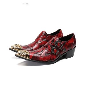 Sapatos sociais de couro vermelho masculinos, sapatos de moda masculina, bico de metal dourado, sapatos de festa punk para casamento, tamanho grande us12