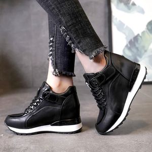 Women Wedge Platform Sneakers Rubber PU Leather High Heels Lace Up Shoes Height Increasing Creepers White Black Casual 240313