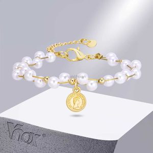 Chain Vnox Chic Simulated Pearl Beads Chain Bracelet for Women Gold Medal Charm Bracelet Valentines Day Birthday Gift 240325