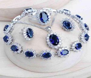 Silver 925 Kobiety Zestawy biżuterii ślubnej Niebieskie Cyrronia Costume Fine Jewellery Naszyjne kolczyki Pierścienie Bracelets Zestaw wisiorka 227990556