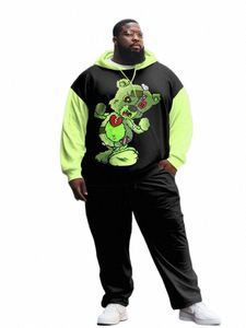 zooy L-9XL Men's Plus Size Persality Casual Street Vintage Graffiti Bear Skull Poker Hoodie Sweatpants Set 5500#