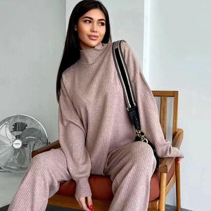 Kadınlar İki Parçalı Pantolon Katı 2 Parçası Kadın Setleri Örme Trailsuit Taşımacılık Sweater Geniş Bacak Jogging Pullover Suit Ofis Lady Elegant