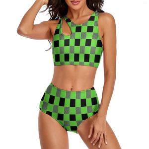 Damen-Bademode, harter Gingham-Bikini-Badeanzug, sexy grün und schwarz, hohe Taille, zweiteiliger bedruckter Push-Up-Strand-Badeanzug