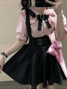 Japonês lolita cintura alta mini saia suspender y2k estética doce feminino sólido streetwear gótico jk saia feminina harajuku jupe 240314