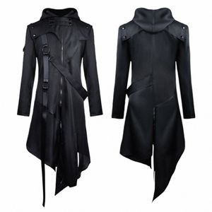 male Vintage Gothic Coat Splice Zipper Belt Hooded Lg Sleeve Lg Jacket Steampunk Trench Coat Gothic Jacket Cosplay Costume F4y6#