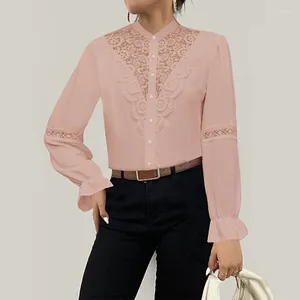 Women's Blouses White Vintage Lace Patchwork Shirt Blouse Women Casual Long Sleeve Pink Button Top Spring Sexy Hollow Out Tops Femme Black