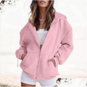 Женские куртки, модная розовая толстовка на молнии, женская осенне-зимняя куртка, одежда, толстовки больших размеров, винтажные карманы с длинным рукавом, Drop Del Ottk2
