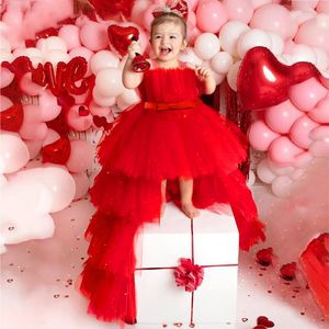 Baby flickor röd släpande båge spets prinsessan klänning elegant fest bröllop 2-8 år födelsedag boll klänning brudtärna klänningar barnkläder 240319
