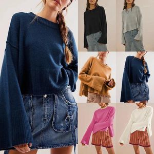 Women's Sweaters 2024 Autumn And Winter Women Solid Color Round Neck Flared Sleeve Pullover Sexy Ladies Knit Sweater Simple Fashion