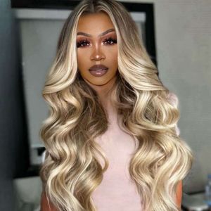 FENJUN HAIR Highlight Ombre Ash Front with Cap+comb, Body Wave Lace Frontal Synthetic Wig Mixed Brown Blonde Color, Wear Go Glueless Long Wavy Wigs for White