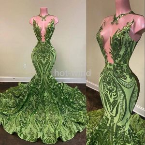 2024 Sparkly Sequins Olive Green Mermaid African Prom Dresses Black Girls Jewel Neck Illusion Long Graduation Dress Plus Size Formal Sequined Evening Gowns