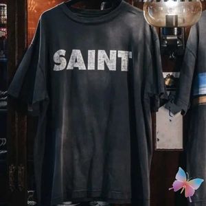 Men's T-Shirts New Saint Michael Tshirts Classic Washed Distressed Black Short Sled Vintage Hiphop Street Top Tees Men Women T-shirts J240325