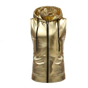 #4138 Gold Silver Black Tank Top Men Summer Plus Size Hooded Vest Zipper Streetwear Shinny ärmlös Tshirt Man Dance Hip Hop 240312