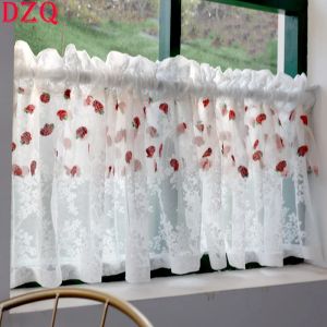 Curtains French White/Pink Lace Short Curtains for Living Room Embroidered Strawberry Tulle Short Curtains for Kitchen #A283