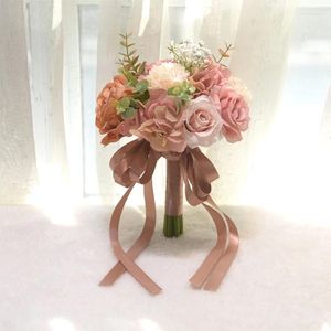 Fiori decorativi Nastro di seta Bouquet da sposa da sposa con bouquet da damigella d'onore Accessori artificiali fatti a mano per Mariage