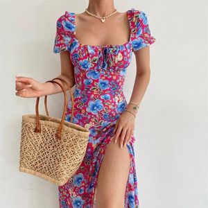 Vestidos casuais vestido verão moda elegante senhoras sem costas roupas puff manga floral impressão fenda longa mulheres praia y2k vestido