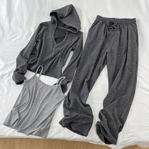 Pantaloni a due pezzi da donna Set da 3 pezzi Tessuto di lana imitazione Primavera Autunno Felpa con cappuccio Pullover Canotta con coulisse Cintura elastica Abito a gamba larga