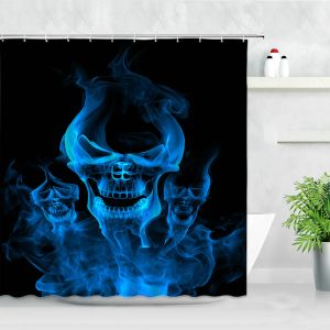 Curtains 3D Blue Flame Skull Shower Curtains Creative Skeleton Black Backdrop Decor Waterproof Polyester Bathtub Bathroom Curtain Hooks