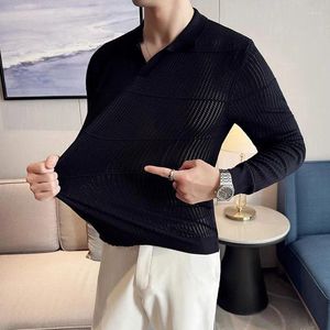Camisolas masculinas 4 cores lapela pulôver suéter homens fino ajuste algodão masculino malha de manga comprida listrado coreano polo t-shirt streetwear
