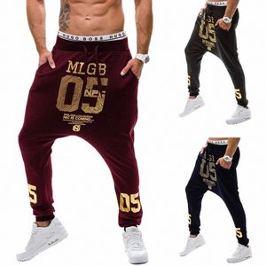 new 2021 Spring autumn Casual low crotch Hip Hop beam foot leg pants streetwear Street dance Gold Number Printed Trousers Men B39Q#