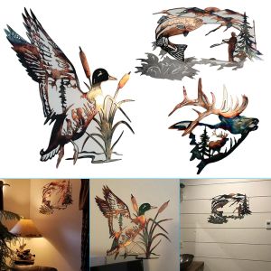 Stickers HOT Solo Mallard Hunting & Trout Fishing Scene Metal Wall Art Animal Shape Wall Decal Vivid Decoration for Home NDS