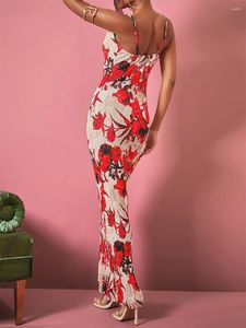 Casual Dresses Women s Floral Print Bodycon Maxi Dress Sexig ärmlös Spaghetti Rem Slim Fit Elegant Draped Neck Party