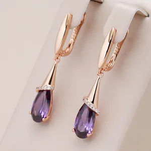 Orecchini Pendenti Kinel Moda 585 Oro Rosa Lunghi Per Le Donne Goccia D'acqua Viola Naturale Zircone Orecchino Gioielleria Raffinata Regalo Di Cristallo