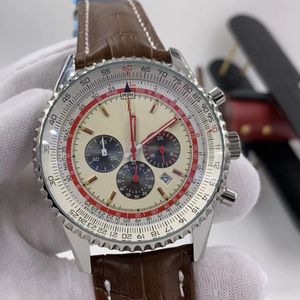 Hochwertige 46-mm-Quarz-Chronograph-Herrenuhren, leuchtende rote Zeiger, braunes Lederband, Herren-Armbanduhren, drei funktionierende Subdi290Q