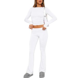 Women's Cotton Lounge Flared Legging Set Two Piece Outfits Basic Long Sleeve Crop Tops Low Rise Fold Over Yoga Pants